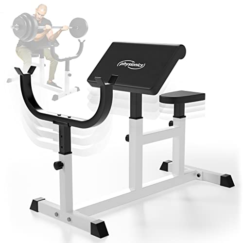 Physionics Banco de Biceps - Carga máxima 200 kg, Apoyabrazos y Asiento Regulable, Soporte Ajustable, Metal, 95/50 cm - Banco de Pesas, Ejercicios