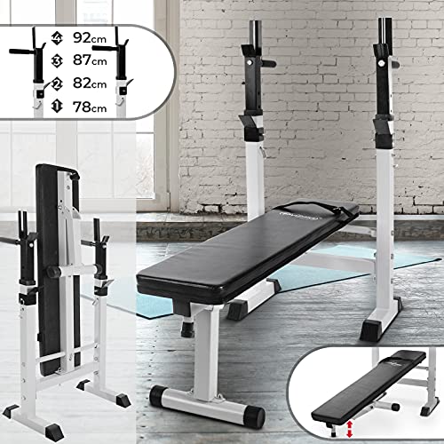 Physionics Banco de Musculación - con Soporte para Pesas, Plegable & Ajustable, MAX. 200kg - Banco de Pesas, Entrenamiento, Multifunción