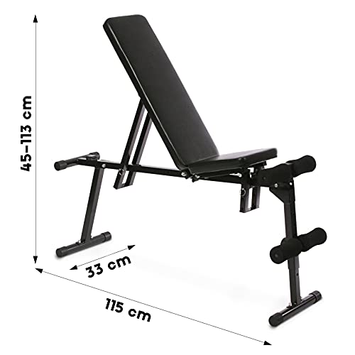 Physionics Banco de Musculación - Plegable & Ajustable (Respaldo de 10 Posiciones, Asiento de 4 Posiciones), Soporte para Piernas, Carga máx. 200 kg - Banco de Pesas