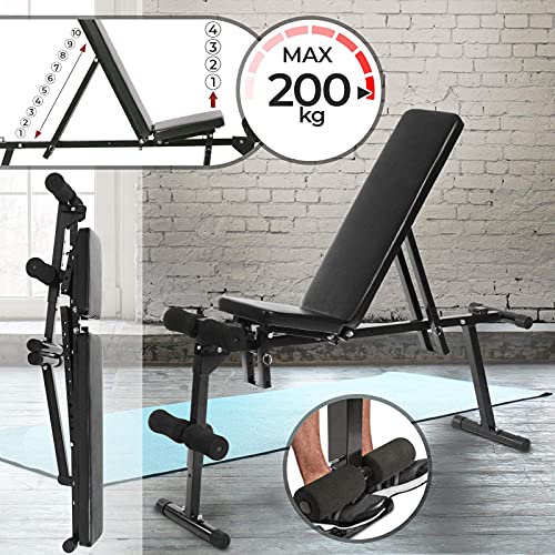 Physionics Banco de Musculación - Plegable & Ajustable (Respaldo de 10 Posiciones, Asiento de 4 Posiciones), Soporte para Piernas, Carga máx. 200 kg - Banco de Pesas