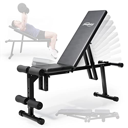 Physionics Banco de Musculación - Plegable & Ajustable (Respaldo de 10 Posiciones, Asiento de 4 Posiciones), Soporte para Piernas, Carga máx. 200 kg - Banco de Pesas