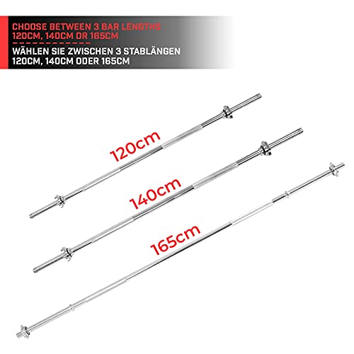 Physionics® Barra larga – 120 / 140 / 165 cm, diámetro de 30 mm, cromada, 6,6 / 7,9 / 9 kg, cierres de estrella, soporta hasta 300 kg, barra de pesas (120 cm (6,6 kg)