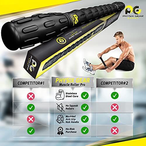 Physix Gear Sport Rodillo masaje muscular para nudos y puntos gatillo, el mejor rodillo masajeador espalda, piernas y gemelos, rulo masaje muscular para liberación miofascial y rehabilitación, negro