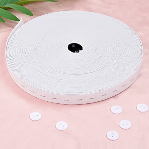 Pinsheng 30M Cinta de Goma Elastica Costura, Elástico con Ojales Banda Elástica Costura con Botones para Pantalón Pretinas Maternidad Ropa Coser Ropa Personalizada (Blanco)