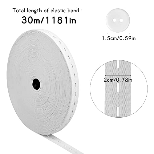 Pinsheng 30M Cinta de Goma Elastica Costura, Elástico con Ojales Banda Elástica Costura con Botones para Pantalón Pretinas Maternidad Ropa Coser Ropa Personalizada (Blanco)