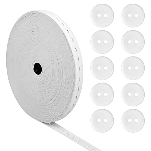 Pinsheng 30M Cinta de Goma Elastica Costura, Elástico con Ojales Banda Elástica Costura con Botones para Pantalón Pretinas Maternidad Ropa Coser Ropa Personalizada (Blanco)