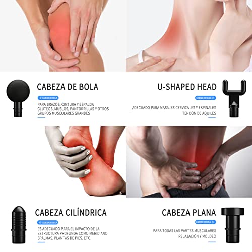 Pistola Masaje Muscular, Relajación Fatiga, Masajeador de Músculos de Tejido Profundo con 4 Niveles Ajustables, 4 tipos de cabezales masaje, masajeador mano para aliviar el dolor de espalda y cuello