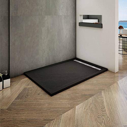 Plato de Ducha Rectangular extraplano RESINA PIZARRA GEL COAT NEGRO, Válvula incluida, Antideslizante 80x120cm