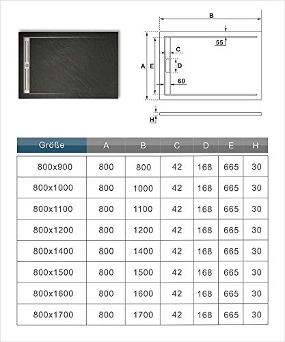 Plato de Ducha Rectangular extraplano RESINA PIZARRA GEL COAT NEGRO, Válvula incluida, Antideslizante 80x120cm