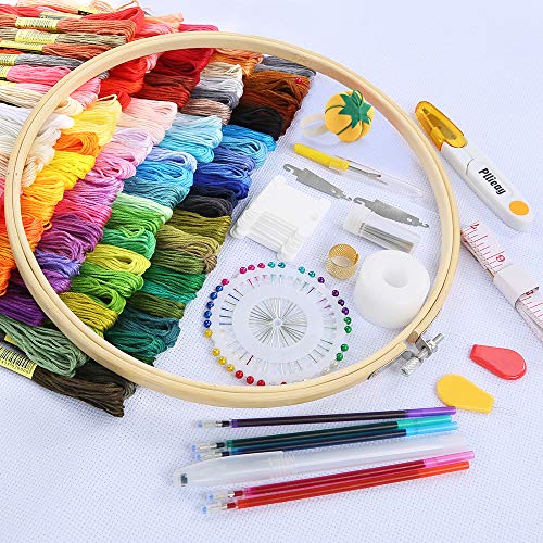 Pllieay Kit completo de bordado de 205 piezas con instrucciones, aros de bordado de bambú de 5 piezas, hilos de 100 colores, kit de herramientas de punto de cruz y tela Aida de 3 piezas para coser