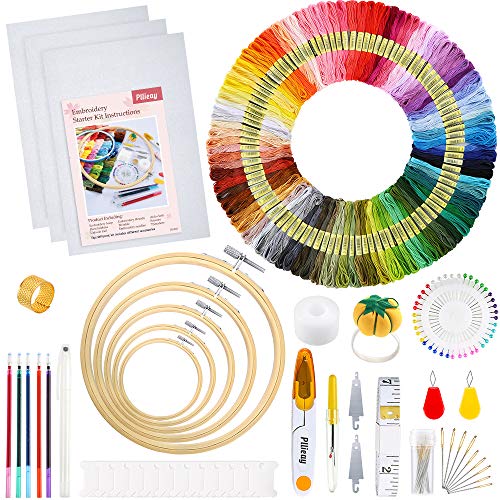 Pllieay Kit completo de bordado de 205 piezas con instrucciones, aros de bordado de bambú de 5 piezas, hilos de 100 colores, kit de herramientas de punto de cruz y tela Aida de 3 piezas para coser