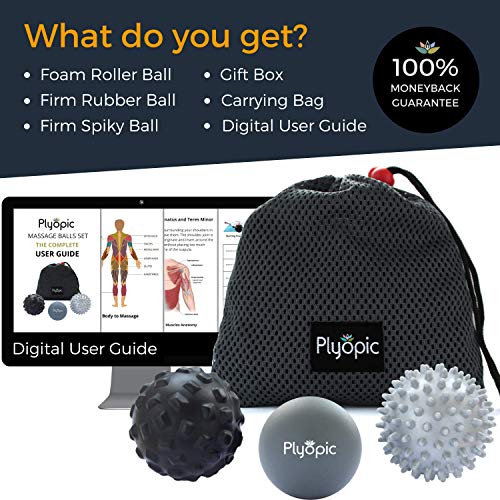 Plyopic Bolas de Masaje – (Set de 3 Massage Balls) – para Automasaje, Liberación Miofascial, Trigger Point, Crossfit y Fascitis Plantar. Elimina Dolores Musculares: Espalda Cuello Piernas Pies etc.