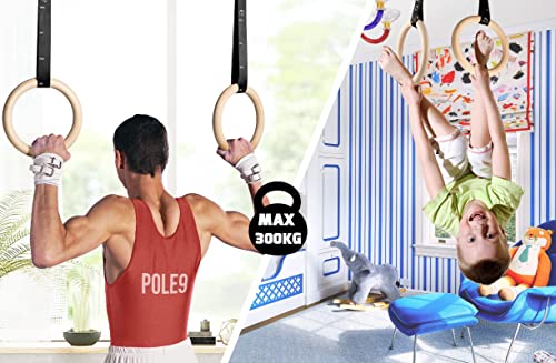 POLE9 Anillos de gimnasia de madera con correas ajustables y anclaje para puerta| Anillas de gimnasio olímpico para niños y adultos para crossfit o calistenia