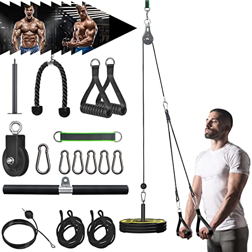 Poleas Gimnasio 3 en 1 para Fitness en Casa, 16 piezas de Accesorios de Polea Gimnasio Tirón LAT y Levantando, DIY Polea Gym Acero para Tríceps, Bíceps, Rizos, Brazo, Antebrazo, Hombro, Mosca de Cable