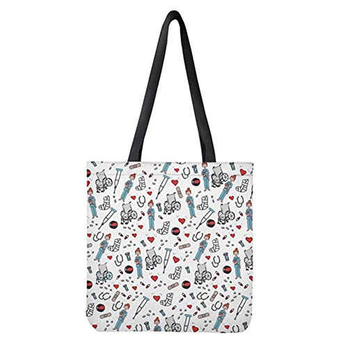 POLERO Nurse Bolsa de la compra, lona de algodón, bolsa de la compra, bolsa de tela, bolsa de algodón con estampado de dibujos animados, para niña, mujer, enfermera, trabajo diario, 42x34cm