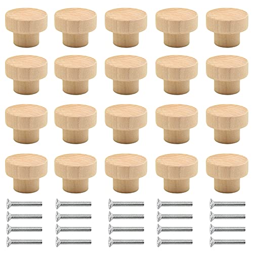 Pomos Redondos de Madera 20pcs Pomos de Madera para Cajones Setas Redonda Cajón Perillas Madera armario puertas tiradores con Tornillos para Armario cajón Zapatero Armario Puerta Paquete