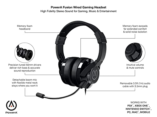 PowerA Fusion Auriculares Gaming con Micrófono Desmontable y Cable - Compatibles con PlayStation 4, Xbox (One, One X, One S, 360), Nintendo Switch, Mac, Android, IOS - Negro