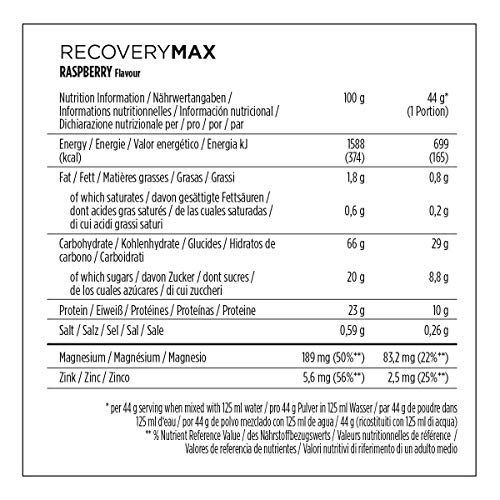 PowerBar Recovery Max Raspberry 1144g - Bebida de Suero de Leche de Regeneración con Carbohidratos + Magnesio y Zinc