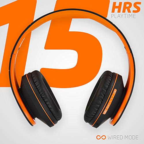 PowerLocus P2 – Auriculares Bluetooth inalambricos de Diadema Cascos Plegables, Casco Bluetooth con Sonido Estéreo Micro SD/TF, FM con micrófono y Audio Cable para Movil, PC, Tablet - Naranja