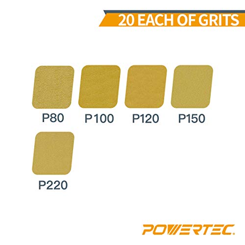 Powertec 44001 X G-100 12,7 cm a/O gancho y bucle 8 agujero disco de lijado, surtido granos, 80, 100, 120, 150, 220, oro, 100-Pack