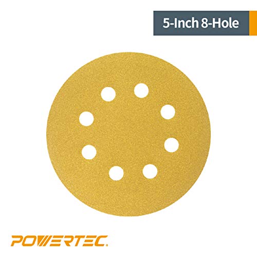 Powertec 44001 X G-100 12,7 cm a/O gancho y bucle 8 agujero disco de lijado, surtido granos, 80, 100, 120, 150, 220, oro, 100-Pack