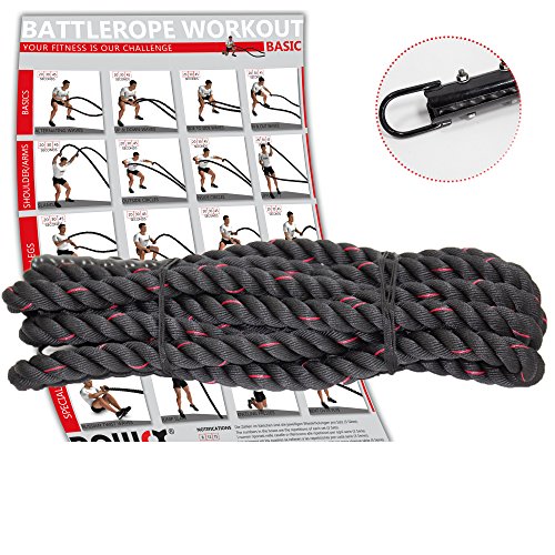 POWRX Battle Rope 9M x 38 mm Ø - Ideal para »Entrenamiento Funcional« - Agarre Antideslizante + PDF Workout (Negro/Rojo)