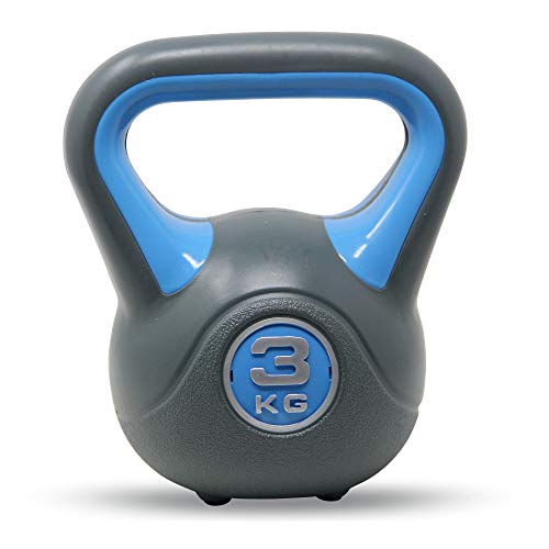 POWRX - Kettlebell de hormigón 2-20 kg - Pesa Rusa con Revestimiento de Vinilo - Base con Goma Antideslizante + PDF Workout (3 kg/Azul)