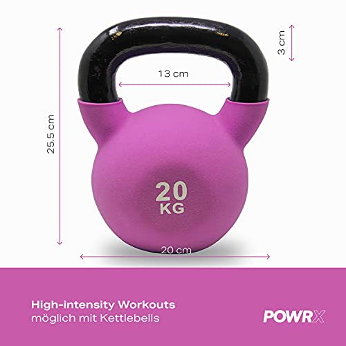 POWRX Kettlebell Hierro Fundido 20 kg - Pesa Rusa con Revestimiento de Neopreno + PDF Workout (Lila)