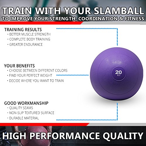 POWRX Slam Ball Balón Medicinal 20 kg - Ideal para Ejercicios de »Functional Fitness«, fortalecimiento y tonificación Muscular - Contenido de Arena y Efecto Anti-Rebote + PDF Workout (Viola)