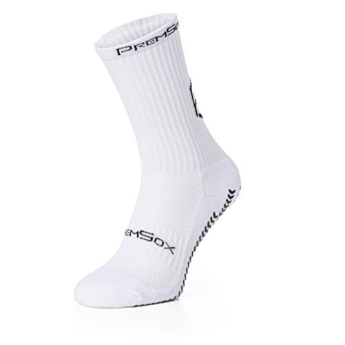 PremSox Calcetines de fútbol antideslizantes con almohadillas de goma antideslizantes en el interior y en el exterior para correr, rugby, baloncesto, fitness, color negro, azul, rojo, blanco,