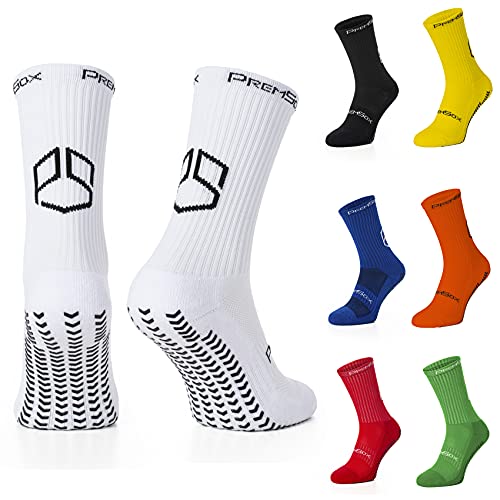 PremSox Calcetines de fútbol antideslizantes con almohadillas de goma antideslizantes en el interior y en el exterior para correr, rugby, baloncesto, fitness, color negro, azul, rojo, blanco,