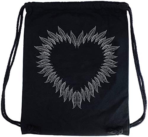 PREMYO Bolsa de Cuerdas Saco de Gimnasio Deporte Mochila Mujer Hombre con Impresión Corazón de Plumas Práctico Cómodo Cordón Robusto Algodón Negro