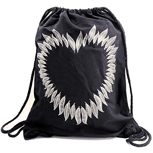 PREMYO Bolsa de Cuerdas Saco de Gimnasio Deporte Mochila Mujer Hombre con Impresión Corazón de Plumas Práctico Cómodo Cordón Robusto Algodón Negro