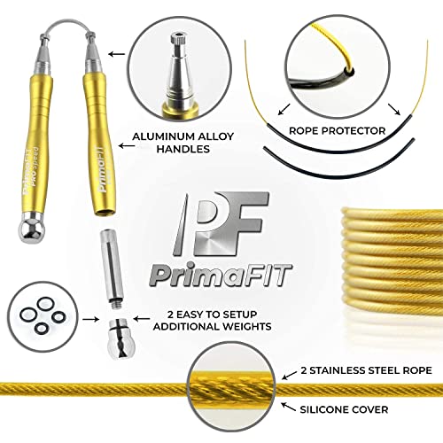 PrimaFIT Pro Speed Cuerda Saltar, Comba Crossfit Hombre y Mujer de Alta Velocidad para Boxeo y Fitness - Mango de Aluminio, Autoajustable, Rodamientos de Rápidos, 2 Lastres, Cable de Repuesto, Bolsa