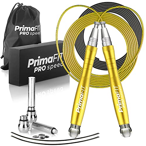 PrimaFIT Pro Speed Cuerda Saltar, Comba Crossfit Hombre y Mujer de Alta Velocidad para Boxeo y Fitness - Mango de Aluminio, Autoajustable, Rodamientos de Rápidos, 2 Lastres, Cable de Repuesto, Bolsa