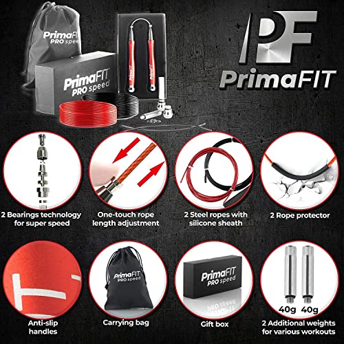 PrimaFIT Pro Speed Cuerda Saltar, Comba Crossfit Hombre y Mujer de Alta Velocidad para Boxeo y Fitness - Mango de Aluminio, Autoajustable, Rodamientos de Rápidos, 2 Lastres, Cable de Repuesto, Bolsa