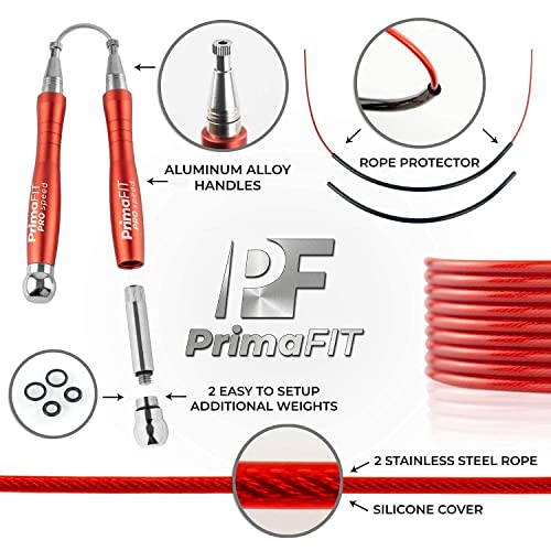 PrimaFIT Pro Speed Cuerda Saltar, Comba Crossfit Hombre y Mujer de Alta Velocidad para Boxeo y Fitness - Mango de Aluminio, Autoajustable, Rodamientos de Rápidos, 2 Lastres, Cable de Repuesto, Bolsa