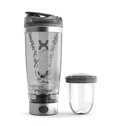 PROMiXX Botella Pro Shaker | Recargable, potente para batidos de proteínas suaves, incluye almacenamiento de suplementos, sin BPA, taza de 600 ml (plata blanco/gris)