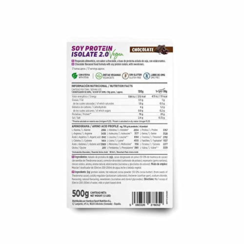 Proteína de Soja Aislada de HSN | Sabor Chocolate 500 gr = 17 Tomas por Envase | 100% Vegana | Soy Protein Isolate | No-GMO, Sin Gluten