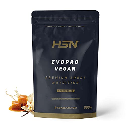 Proteína Vegana Evopro Vegan de HSN | Mezcla de Proteínas: Guisante + Arroz | Con Extra Leucina Vegetal + Hierro + B12 + Stevia | No-GMO, Sin Gluten, Sin Lactosa | Sabor Vainilla Caramelo | 500 gr