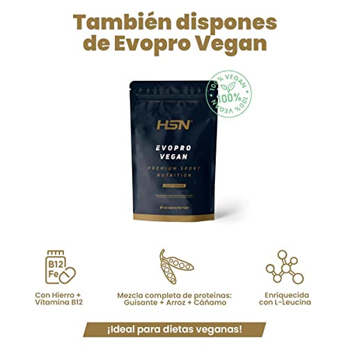 Proteína Vegana Evopro Vegan de HSN | Mezcla de Proteínas: Guisante + Arroz | Con Extra Leucina Vegetal + Hierro + B12 + Stevia | No-GMO, Sin Gluten, Sin Lactosa | Sabor Vainilla Caramelo | 500 gr