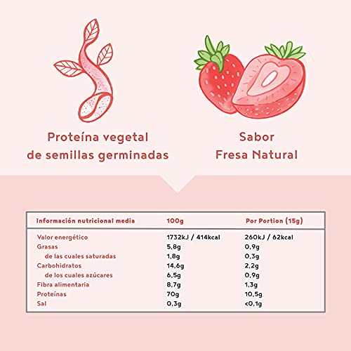 Proteina Vegana - FRESA - Proteinas vegetal de arroz, guisantes, semillas de lino, amaranto, semillas de girasol y semillas de calabaza germinadas - 600 g en polvo con sabor a Fresa