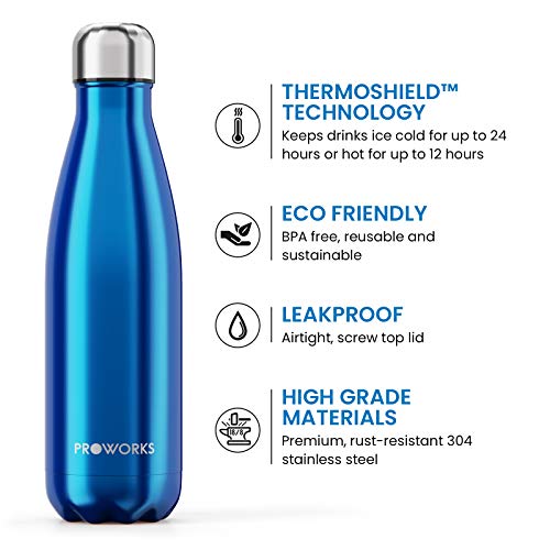 Proworks Botellas de Agua Deportiva de Acero Inoxidable | Cantimplora Termo con Doble Aislamiento para 12 Horas de Bebida Caliente y 24 Horas de Bebida Fría - Libre de BPA - 1.5L – Azul