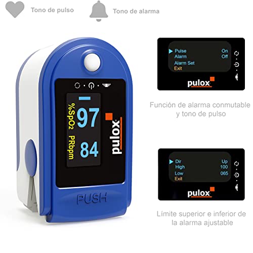 Pulox PO-200A Oxímetro de pulso con función de alarma y tono de pulso, incluye accesorios