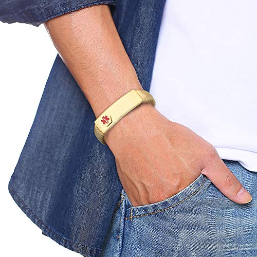 Pulsera de alerta médica para hombres, para mujer, ID, brazalete, elástico, acero inoxidable, personalizado (Ponga los detalles en la sección Levantar, tarjeta médica personalizada + tiras gratis)