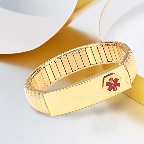 Pulsera de alerta médica para hombres, para mujer, ID, brazalete, elástico, acero inoxidable, personalizado (Ponga los detalles en la sección Levantar, tarjeta médica personalizada + tiras gratis)