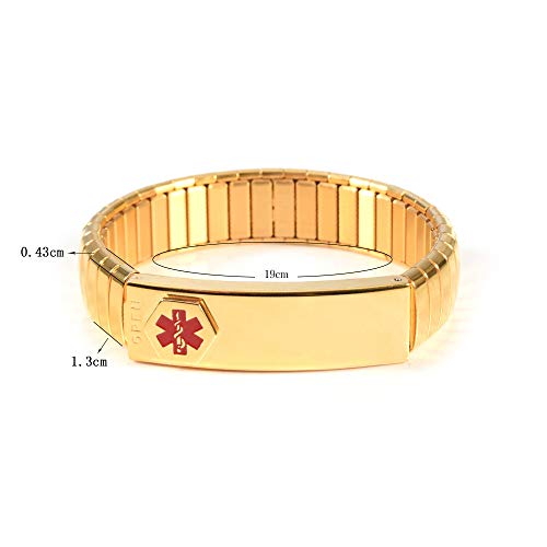 Pulsera de alerta médica para hombres, para mujer, ID, brazalete, elástico, acero inoxidable, personalizado (Ponga los detalles en la sección Levantar, tarjeta médica personalizada + tiras gratis)