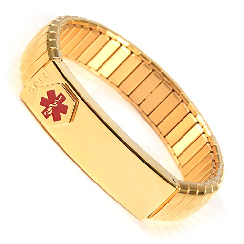 Pulsera de alerta médica para hombres, para mujer, ID, brazalete, elástico, acero inoxidable, personalizado (Ponga los detalles en la sección Levantar, tarjeta médica personalizada + tiras gratis)