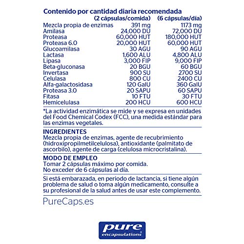 Pure Encapsulations - Enzimas Digestivas Plus - Complejo de Enzimas con Lactasa - Soporte en la Digestión de Proteínas, Grasas, Fibras Vegetales y Lácteos - 90 Cápsulas Vegetarianas