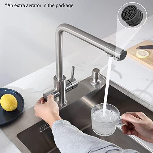 PURE-I Grifo Cocina 3 vías, CECIPA Grifo Mezclador de Cocina para Osmosis, 3 en 1Grifo de Cocina para Agua Potable con Palanca Doble, Giratorio de 360°, Acero Inoxidable Cepillado